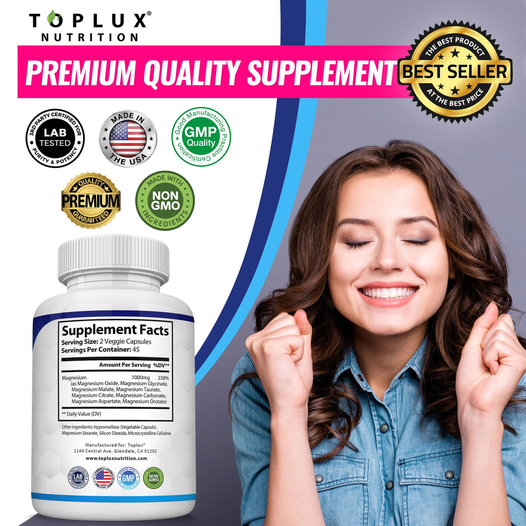 Magnesium Complex Supplement 8 Elemental 1000mg - Magnesium Glycinate, Citrate, Malate, Taurate, Chelated for Easy Absorption for Bones, Muscle, Recovery, Energy, Vegan Non-GMO 90 Capsules